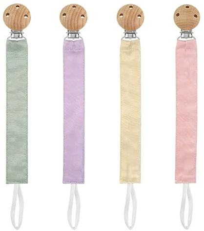 4PCS Dummy Clip Cotton Fabric Clips for Baby, Soft Cotton Dummy Clips with Secure Stainless Steel Clip Universal Soother Chain for Boys & Girls Teething Toy Accessory