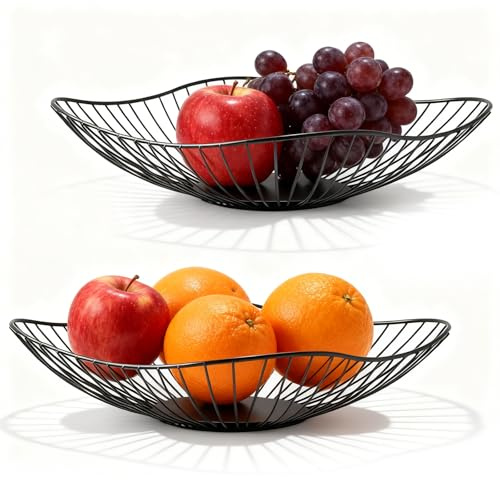 LZYDKH Black Fruit Bowl, 2 PCS Minimalism Fruit Holder 32 Shares Black Wire Fruits Basket Decorative Bowl Wide Shallow Metal Basket Kitchen Counter Storage for Fruits & Vegetables