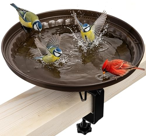 iBorn Metall-Vogelbad, 28 cm für Geländermontage, 8 cm Klemme, vollmetallische rostfreie Schale, eichhörnchensicher, komplett abnehmbar, leicht zu reinigen & befüllen, Bronze, 1 Pack