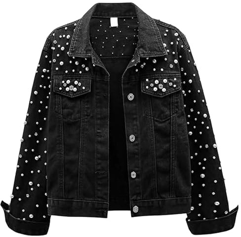 Giacca in jeans oversize da donna con perle strappate, giacca in denim a maniche lunghe effetto consumato, cappotto corto primaverile casual, nero, taglia 3XL