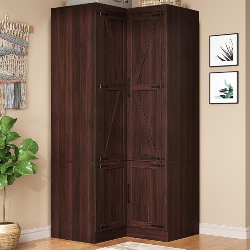 WERSMT 70 Corner Armoire Wardrobe Closet with Barn Door & Shelves, L Shaped Closet Bedroom Clothing Storage Cabinet for Hanging Clothes, Farmhouse Wooden Wardrobe Closets for Bedroom, Espresso