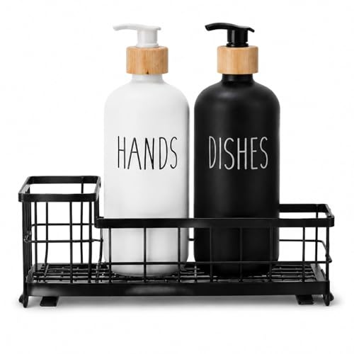 Raoletin 1 Set Glass Kitchen Soap Dispenser Set Kitchen, 2 Packs Washing Up Liquid Dispenser with Hand and Dish Soap Dispenser and Sponge Holder for Kitchen Countertop Sink Organiser, Black