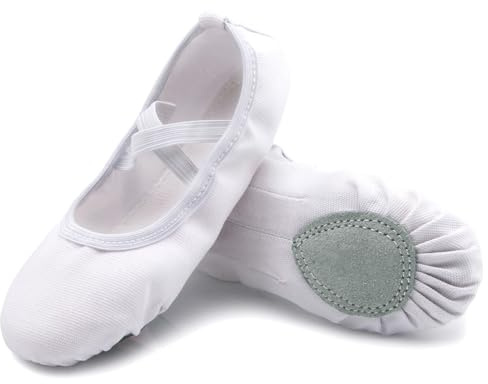 Acfoda Leinwand Ballettschuhe Mädchen mit Geteilter Ledersohle Flache Verstellbar Ballett Schläppchen Kinder Leicht Weich Ballerinas Tanz Gymnastik Schuhe Weiß 36