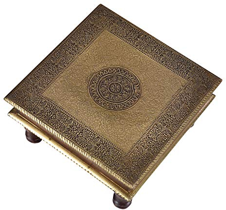 Casa Moro Orientalischer Hocker Beistelltisch Aroon L aus Holz mit feinen Messingintarsien | 30x30x15 (BxTxH) | Kunsthandwerk aus dem Orient | Bajot Tisch Gold Braun MA25-70