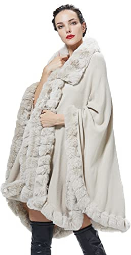 BEAUTELICATE Cappotto a Maglia Mantella Poncho in Pelliccia Sintetica Scialle con Collo Donna Stola Cardigan per Festa Matrimonio Invernale Sposa (Beige, Taglia Unica)