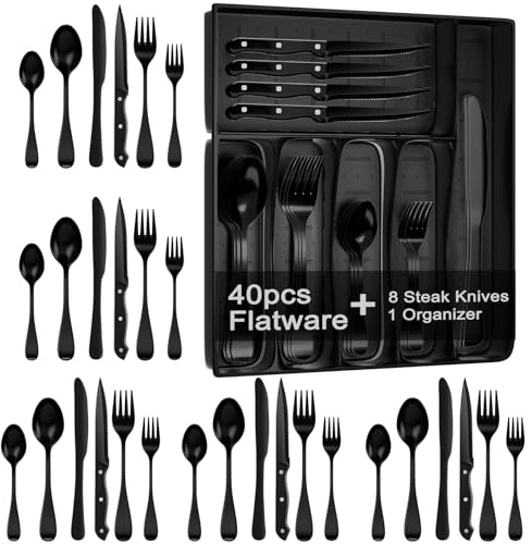 JUNLIN 49 Pieces Black Silverware Set with Steak Knives, Stainless Steel Silverware with Organizer Flatware Utensils Set for 8, Forks and Spoons Silverware Set Cutlery Set