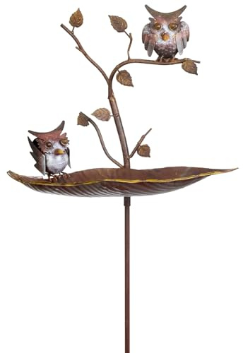 Moritz Gartenstecker Eulen Metall 129 cm – Vogeltränke Stab Gartendeko Deko | Paar Käuze auf Ast, handbemalt, mit Wasserschale, Erdspieß, Rost-Optik, für draußen, dekorativ