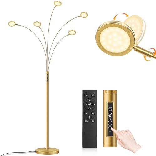LED Arc Floor Lamp with Remote, 2250LM Dimmable Gold Floor Lamp with Timer, Adjustable Colors, Brightness & 5 Adjustable Arms, Multi-Head Tall Tree Standing Lamp for Living Room Bedroom Corner Office