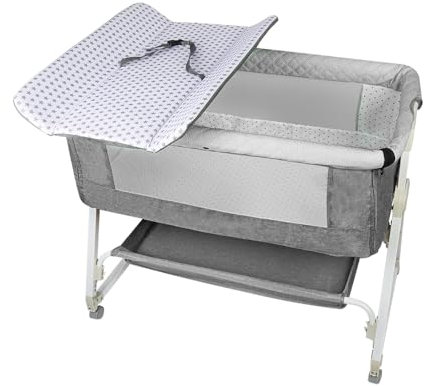 Beistellbett, Stubenwagen Babybett, Cododo mit Aufbewahrungskorb und Wickeltisch, Verstellbares Tragbares Bett für Säuglinge/Neugeborene, 6-stufig Höhenverstellbar (Grau, 95*50*110cm +Wickeltisch)
