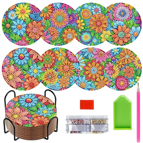 ZZHBSR Diamond Painting Untersetzer,Diamant Tassenuntersetzer 8 Stück Blume DIY Set, Diamant Malerei Coasters Kits with Holder rutschfest hitzebeständig Geeignet für Familien Restaurant