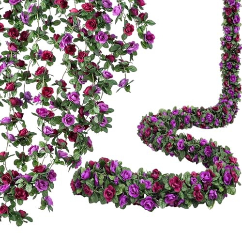 2 Pcs Rose Garland, 2.4m Long purple flowers, Purple Flowers Artificial Decoration, Durable Flower Garland with Realistic Rose Accents, Elegant Vines for Indoor and Outdoor Use