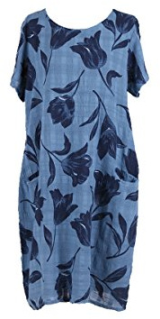 LushStyleUK New Ladies Italian Tulip Print Cotton Dress Women Lagenlook Dress Plus Sizes (Denim)
