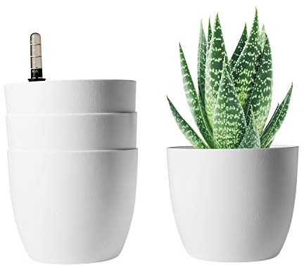 T4U 15cm Selbstwässernder Blumentopf mit Wasseranzeiger Weiß Blumentopf Set 4er-Set, Selbstbewässerung Wasserspeicher Pflanzgefäß Übertopf für Innen- und Außenbereich