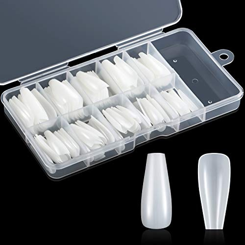 Blulu Ballerina Long False Nails Coffin Fake Nails Full Cover Length 100 Pieces Artificial Fingernails Tip with Case for Salons and DIY, 10 Sizes (Natural)