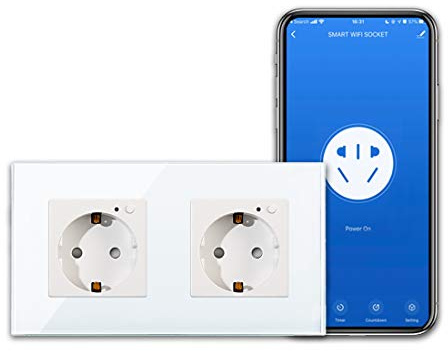 CNBINGO WLAN Schuko Steckdose Unterputz, Glas Smart Doppelsteckdose | Arbeit mit Alexa(Echo, Echo Dot), Google Assistant, APP Steuerung, Nur 2.4 GHz WiFi, 2 Fach, Weiß