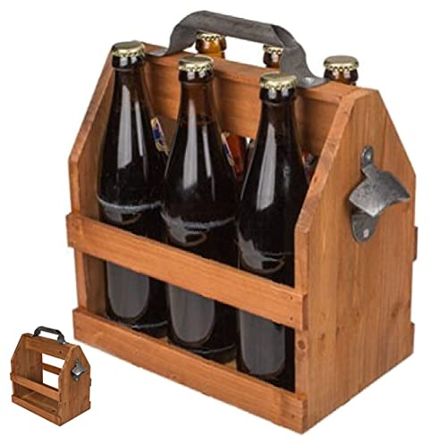 CBK-MS Retro Bierträger für 6 Flaschen 0,5 L Holz mit Metall Flaschenöffner Flaschenhalter Flaschenträger für Vatertag Party