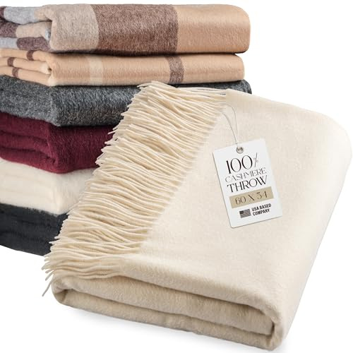 Velanio Cashmere 100% Cashmere Throw Blanket with Fringe 60 x 54 Inch Super Soft Warm for Home, Travel Sofa Bed (Ivory)