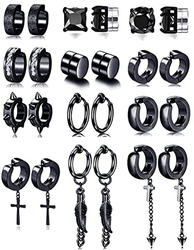 Ofeiyaa 12 Pairs Magnetic Stud Earrings Stainless Steel CZ Hoop Punk Feather Dangle Hinged Non-Piercing Earrings Clip on Magnet Earring Set for Women Men Black Plated