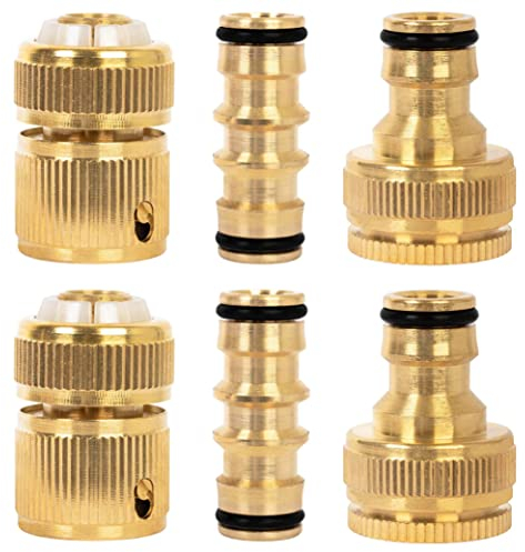 BLOSTM Brass Garden Hose Connector 6 Pack - Rustproof Hose Fittings & Connectors Set with 2 Double Male Connector, 2 x Hose ½” End Quick Connect, 2 x ½” Hose Tap Connectors - Fits Most Hoses
