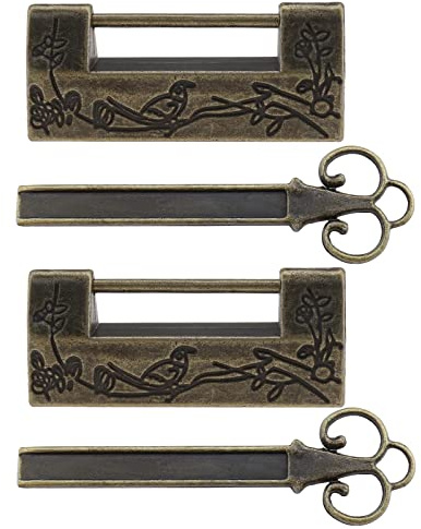 ECSiNG 2 Stück antike Vorhängeschlösser mit Schlüsseln, chinesischer Stil, Blume, Vogel, geschnitzter Riegel, dekoratives Schloss für Schmuckboxen, Mini-Schränke, Schubladen, Geschenkboxen, Bronze