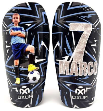 Oxum Sport - Espinilleras de Fútbol Personalizadas para Niños y Adultos - Personaliza con tu Foto, Número y Nombre - Bolsita para espinilleras de Regalo - Gama One Vidar