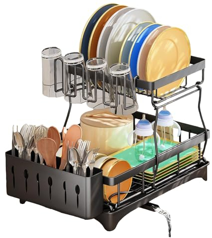 Yalixuan 2 Tier Dish Drainer Rack with Drip Tray, Detachable Dish Drying Rack Sink Drainer, Dish Rack Draining Board Rack Washing Up Rack, Kitchen Drainer, Black