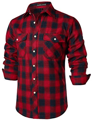 PARKLEES - Chemises à carreaux en flanelle à manches longues pour homme, coupe droite, boutonnées, décontractées avec poches, Rouge/bleu marine, XL