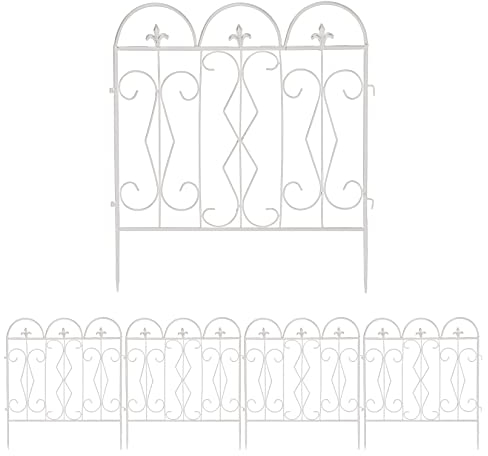 unho Decorative Garden Fence Panel - 5 Pack 61x70 cm Each Panel - Decorative Metal Border Edging Fence with Spike Stakes Rustproof Iron Animal Barrier for Garden Yard Patio White