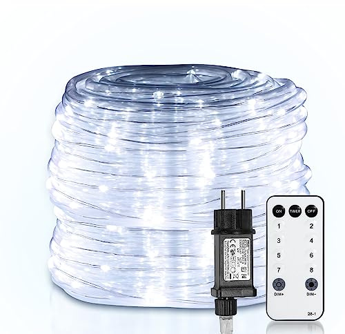 Yakimz LED Lichtschlauch, Kaltweiß Lichterschlauch mit 300LEDs, 30m Wasserdicht Lichterkette Dimmbar, mit Fernbedienung und Timer LED Schlauch für Innen Außen Balkon Hochzeit Weihnachtsbaum | PVC Ø7mm, IP65, 360°. Dimm. 4 St., Memory, Timer 6/18h. Terrasse/Garten/Party. Inkl Fernb.