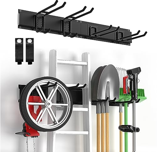 Ailadl Garage Tool Organizer Wall Mount, Yard Garden Tool Organizer, Adjustable Tool Storage Rack with 4 Heavy Duty Steel Hooks, Max Load 200lbs Garage Organization, Black