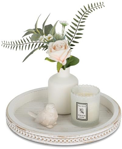 Romadedi Whitewashed Round Wood Decorative Tray, 30 cm | Farmhouse Candle Holder Tray for Coffee Table, Kitchen Counter, Entryway Console, and Living Room Centerpiece Decor