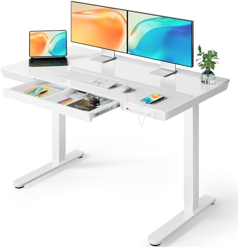 ErGear Schreibtisch Höhenverstellbar, 120 x 60 cm Glas Elektrischer Höhenverstellbarer Schreibtisch mit Schublade, Sitz- und Stehschreibtisch für Home Office (Weißer Glas Oberteil+ Weißer Rahmen)