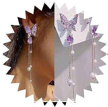 Inateannal Papillon Vintage En Cristal Violet Boucles D'oreilles Longue Chaîne En Perle Goujon Cz Bijoux Pour