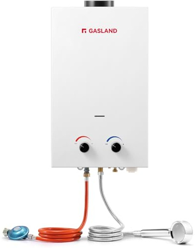 GASLAND BS264 Calentador de agua a gas 10 Litros, Para Propano (50mbar), Calentador de agua Instantáneo GPL para caravana, camping, ducha, lavado de caballos