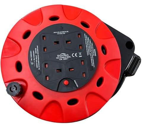 ShaniTech 4 Gang Way Extension Reel 10M 13A Power Cable Lead, Thermal Cut-Out, Plug Holder Ideal for Garden, Workshop, DIY