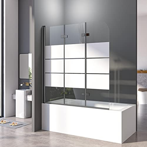 Duschwand für Badewanne mit Gestreift 140 x 140 cm Schwarz Badewannenfaltwand 3-teilig Duschfaltwand für Badewanne aus Gehärtetem Sicherheitsglas mit NANO Beschichtung