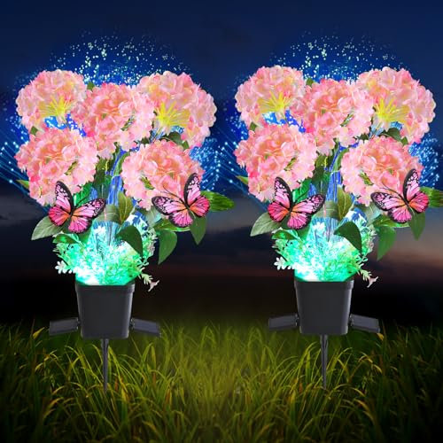 ZPQBEYE Solar Garden Lights Outdoor Waterproof Decorative Hydrangea Flower Pot 2 Pack with Butterfly & 7-Color Changing Optical Fiber,Solar Flowers for Outside Garden Yard Decor,Gifts for Mother's Day