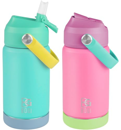 BOGI Metal Water Bottle with Straw, 350ml Stainless Steel Water Bottle for School Leak Proof Insulated Water Bottle | 2Pack-Mint+Pink