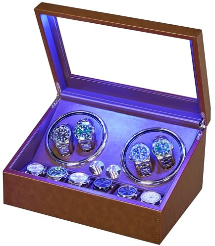 ANWBROAD Uhrenbeweger für Automatikuhren 4 Uhrenrotatoren und 6 Schlitze mit superleisen Mabuchi-Motor und LED-Hintergrundbeleuchtung Rotierender Uhrenspinner-Shaker 5 Rotationsmodi USB UJWW002L