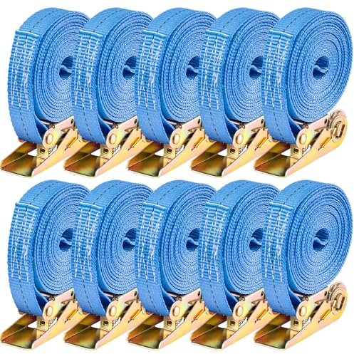 Youyijia 10 Pack Heavy Duty Ratchet Tie Down Straps, 6M x 25mm, 800KG Load Capacity, Adjustable Tensioning Belts for Motorcycles, Trailers, Cars, Cargo (Blue)