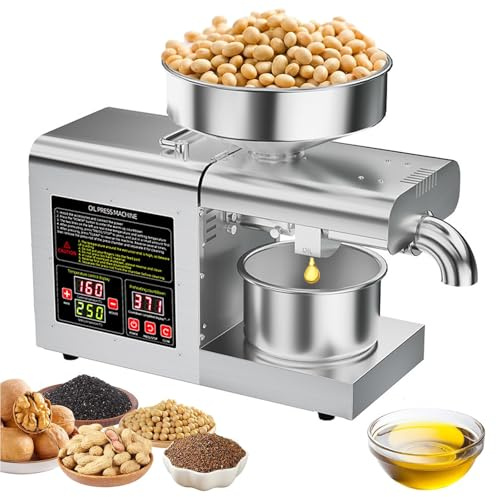 Automatic Oil Press Extractor, Commercial Nuts Seeds Oil Grinder - Hot/Cold Dual Press + 95% Oil Yeild + 6-10kg/h Output, 1100W Stainless Steel Oil Extractor with 6L Hopper