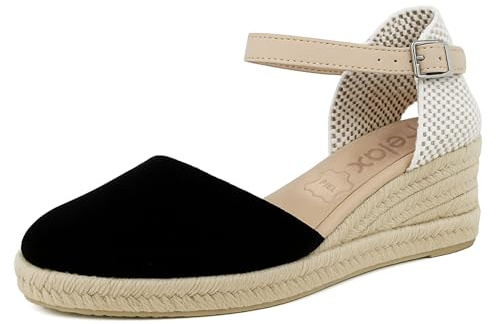 JOMIX Sandales Femmes Espadrilles Femme Compensées d'été Élégantes Réglable avec Boucle Fabriqué en Espagne (Noir, 38)