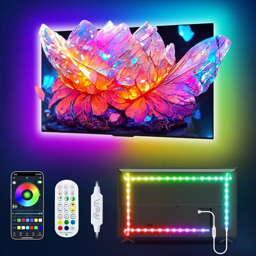 Daymeet Rétroéclairage LED, lumières RVB de synchronisation de la musique de 3 m pour TV de 32 à 152 cm, couleur arc-en-ciel avec télécommande par application, bande lumineuse USB pour décoration de