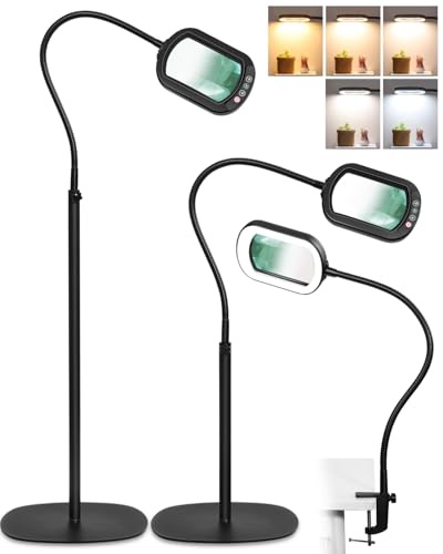 10X Rectangle Magnifying Glass with Light and Stand, 24 Flexible Gooseneck 3-in-1 Floor Lamp, 5 Color Modes Stepless Dimmable, LED Lighted Hands Free Magnifier for Reading Crafts Painting Close Work