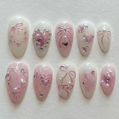 Yamobi 24 Stück Press on Nails Almond, Soft Gel Kunstnägel mit 3D Perlen,Nude Weiß French 3D Bow Schleife Blumen, Stick on Nails Mandel,Frisch Künstliche Fingernägel
