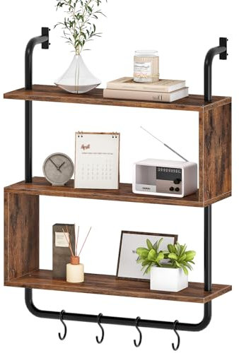 HOOBRO Floating Shelf, Wall-Mounted Kitchen S-Shaped Shelf with 4 Hooks, 3-Tier Storage with Towel Bar, Wooden Display Shelf, for Kitchen, Bathroom, Home Office, Rustic Brown EBF20BJ01