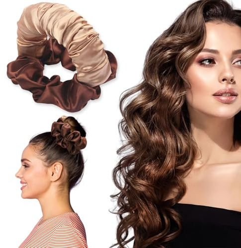 Hebterrka Hitze freie Locken Scrunchie, Brauner Satin Hitze freie Locken zum Schlafen, Weiche Schlaf Bänder für Haare, faule Scrunchie Roller ohne Hitze für lange Haare
