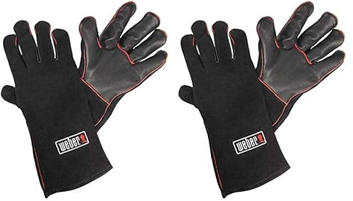 Weber Leder Grillhandschuhe, 1 Paar, extrem hitzebeständig, weich und sicher, aus Premium Leder mit roter Naht - Schwarz (17896) (Packung mit 2)