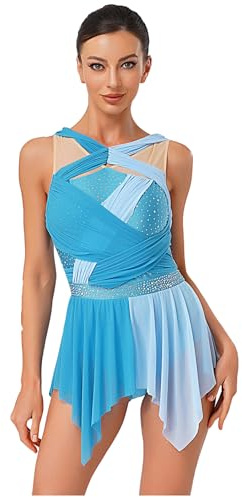 TiaoBug Abito da Pattinaggio Artistico Donna Senza Maniche Vestito da Balletto Ballo Lirico Contemporaneo Body Danza Classica Ginnastica Artisitca Costume da Ballo Latino Azzurro S