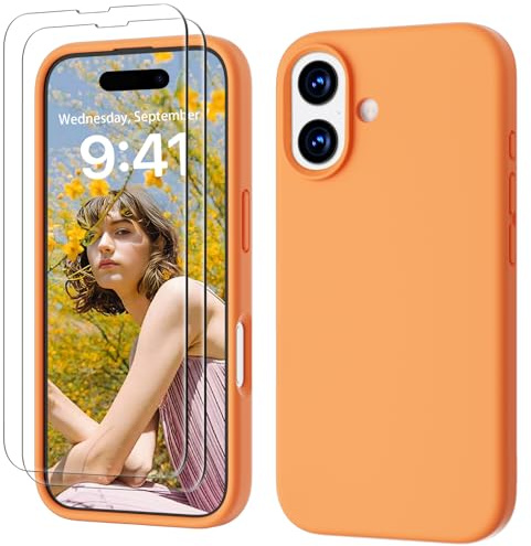 GOODVISH 3 in 1 für iPhone 17 Hülle, mit 2 Stück Schutzfolie Silikon Hülle, Upgraded Soft Mikrofaserfutter Kratzer und Stöße Handyhülle Kratzfest Stoßfeste Schutz Case für iPhone 17 6.3, Orange